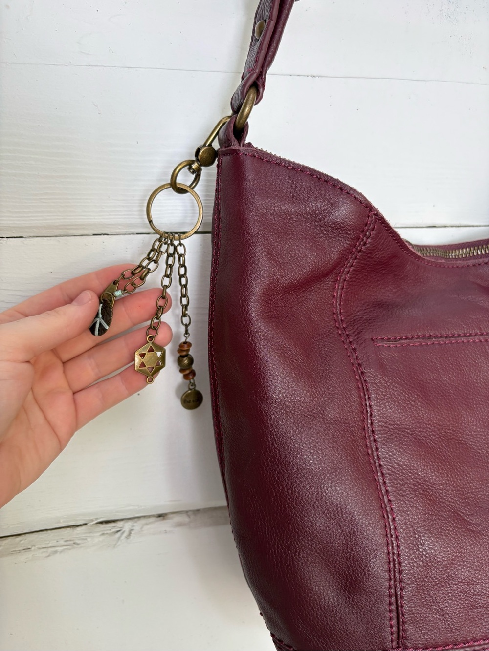 The Sak Sequoia Burgundy Wine Leather Hobo Bag With Charm - Picture 3 of 8